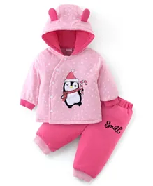 Babyhug Full Sleeves Hooded Winter Wear Suits With Penguin Applique & Lounge Pant- Pink