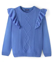 Pine Kids Acrylic Full Sleeves Sweater With Cable Knit Ruffle Solid Colour - Blue