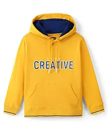 Pine Kids 100% Cotton Full Sleeves Hooded Biowashed Sweatshirt With Text Print - Yellow
