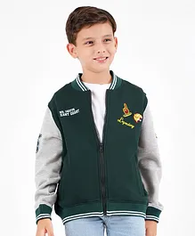 Primo Gino Full Sleeves Colour Blocked Bomber Jacket with Applique - Green