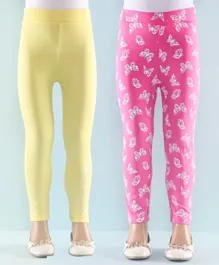 Honeyhap Premium Super Soft & Stretch Cotton Bio Finish Full Length Legging With Butterfly Print Pack Of 2 - Gold Finch & Pink Caration
