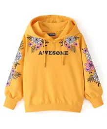 Pine Kids 100% Cotton Knit Full Sleeve Bio Washed Floral Printed Hooded Sweatshirt - Yellow