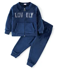 Babyhug Velour Knit Full Sleeves Winter Wear Sweatshirt & Lounge Pant Set Text Print - Navy Blue