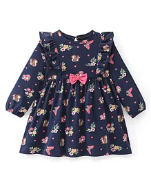 Babyhug Cotton Knit Full Sleeves  Dress with Frill Detailing & Floral Print - Navy Blue