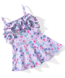 Babyhug Singlet Sleeves Floral & Ruffle Detailing Swimsuit Frock - Purple