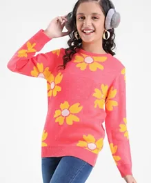 Pine Kids 100% Acrylic Knit Full Sleeves Sweater With Floral Design - Pink & Yellow