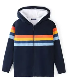 Pine Kids Acrylic Full Sleeves Hooded Sweater with Zipper & Multicolour Stripes Design - Navy Blue