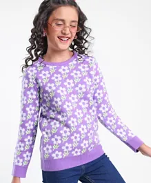 Pine Kids Full Sleeves Knitted Sweater Floral Design- Purple