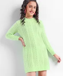 Pine Kids Full Sleeves Cable Knitted Solid Woollen Dress - Light Green