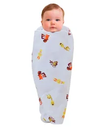 Wonder Wee Yellow Animal Soft and Smooth Mulmul Fabric Baby Swaddle Wrap - Multicolour