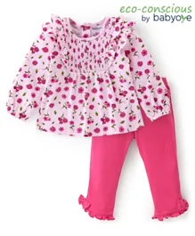 Babyoye Eco Conscious 100% Cotton Floral Printed Full Sleeves Top & Pants Set - Pink