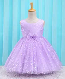 Babyhug Sleeveless Party Frock With Foil Print & Bow Applique- Lilac