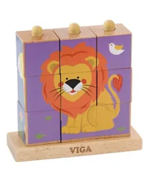 Viga Wooden Stacking Wild Animals Cube Puzzle - 9 Pieces