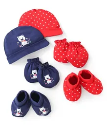 Doodle Poodle 100% Cotton Polka Dots & Puppy Print Cap Mittens & Booties Set of 2 - Blue & Red
