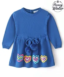 Babyoye Eco Conscious 100% Cotton Full Sleeves Woolen Dress with Heart Design & Pom Pom Detailing - Navy
