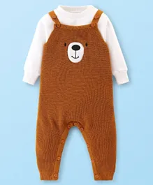 Babyhug Knitted Winter Wear Dungaree Style Romper Teddy Applique - Brown & White