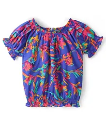 Pine Kids 100% Cotton Woven Half Sleeves Elasticated Neck Floral Print Top - Blue