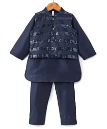 Babyhug Full Sleeves Kurta Payjama Set & Waistcoat With Sequine Detailing - Blue