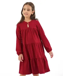 Primo Gino Cotton Elastane Full Sleeves Solid Color Tier Dress - Red