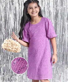 Hola Bonita Ballon Sleeves Party Wear Dress With Glitter & Sequin Detailing - Lilac