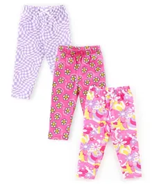 Babyhug Cotton Lycra Knit Full Length Stretchable Leggings Checks & Floral Print Pack of 3 - Pink & Purple