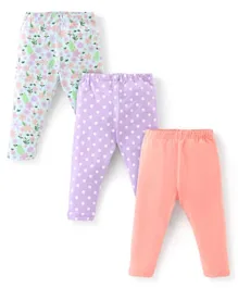 Babyhug 3 pack Cotton Lycra Knit Full Length Leggings with Stretch & Floral & Polka Dots Printed - Pink Blue & Purple