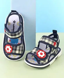 Cute Walk by Babyhug Velcro Closure Checks Musical Sandal with Football Applique - Navy Blue