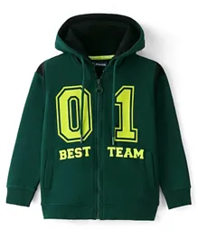 Pine Kids Cotton Knit Full Sleeves Hooded Bio Washed Basic Sweat Jacket With Text Print - Aventurine