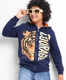 Pine Kids Full Sleeves Hooded Front Open Biowashed Sweatjacket Tiger Print - Navy Blue
