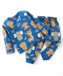 Babyhug Cotton Knit Full Sleeves Animal Print Night Suit - Blue