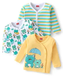Babyhug Cotton Interlock Knit Full Sleeves Front Open Vests Striped & Frog Print Pack Of 3 - Green White & Yellow