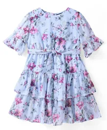 Pine Kids Woven Bell Sleeves Layered Frock Floral Print - Light Blue