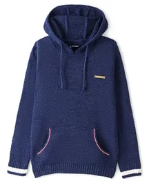 Pine Kids Knitted Full Sleeves Hooded Sweater with Pockets - Blue