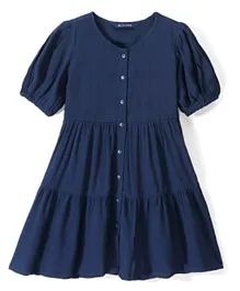 Pine Kids Rayon Woven Puff Sleeves Tiered Front Opening Solid Dress - Navy Peony
