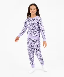 Primo Gino 100% Cotton Knit Full Sleeves Night Suit Leopard Print - Purple