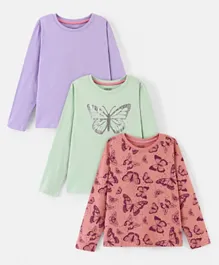Primo Gino 100% Cotton Knit Full Sleeves Butterfly Printed T-Shirts Pack of 3 - Purple Green & Pink