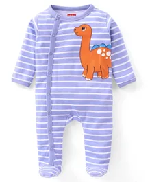 Babyhug Cotton Interlock Full Sleeves Footed Striped Sleepsuit Dino Print - Blue