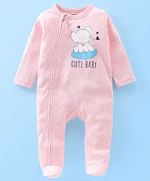Babyhug Cotton Interlock Full Sleeves Footed Sleepsuit Elephant Print - Peach