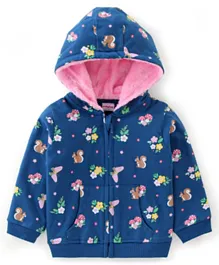 Babyhug Cotton Knit Full Sleeves Hooded Sweat Jacket With Floral Print - Navy Blue