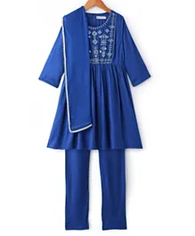 Earthy Touch 100% Cotton Full Sleeves Embroidered Kurti with Salwar & Dupatta Set - Blue