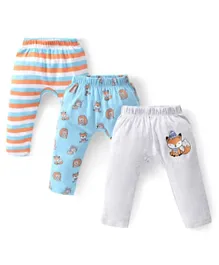 Babyhug Cotton Knit Full Length Striped & Fox Printed Diaper Pants Pack of 3 - Multicolor