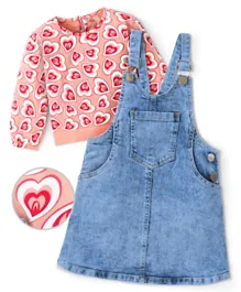 Ollington St. Full Sleeves Top with Heart Print and Stretchable Denim Pinafore - Multicolor