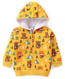 Babyhug Cotton Knit Full Sleeves Sweatjacket With Hood & Teddy Print - Yellow