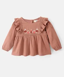 Bonfino Cotton Full Sleeves Top With Floral Embroidery - Brown
