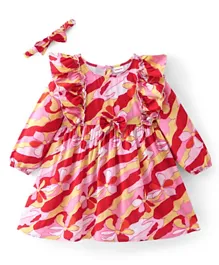 Babyhug Rayon Woven Full Sleeves Floral Printed Frock with Frill Detailing & Head Band - Red