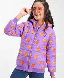 Pine Kids Full Sleeves Hooded Heart Printed Heavy Winter Jacket - Purple