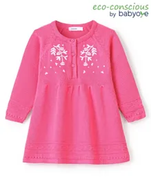Babyoye Eco Conscious 100% Cotton Full Sleeves Woolen Dress with Floral Design - Fuchsia