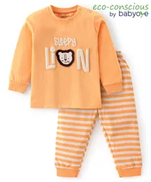 Babyoye 100% Cotton With Antibacterial Finish Full Sleeves Striped & Lion Detailing Night Suit - Peach