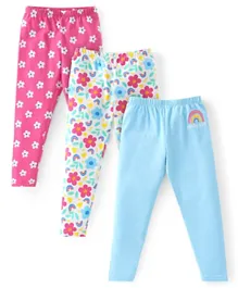 Babyhug Cotton Lycra Knit Full Length Stretchable Leggings Floral Print Pack of 3 - Blue White & Pink