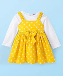 Babyhug Woven Knit rock With Full Sleeves Inner Tee With Polka Dots Print - Yellow & White